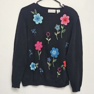 Alfred Dunner Vintage100% Cotton Floral Embroidered Black Sz XL Crewneck Sweater